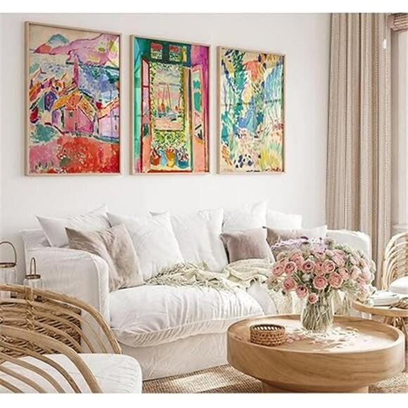Colorful abstract wall art set of 3 pink canvas prints boho artwork for bedroom - Picture 8 of 8